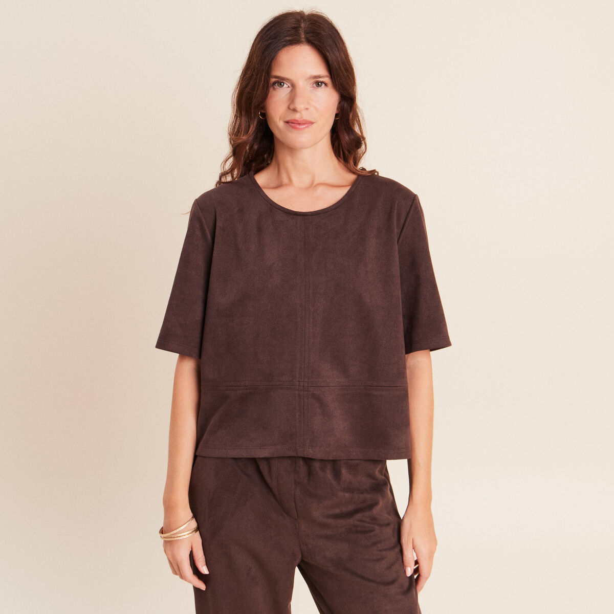 Top en suedine marron fonc&eacute; femme