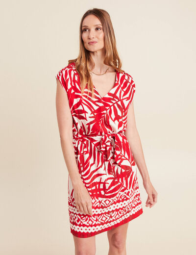 Robe droite courte col V manches courtes ecru femme