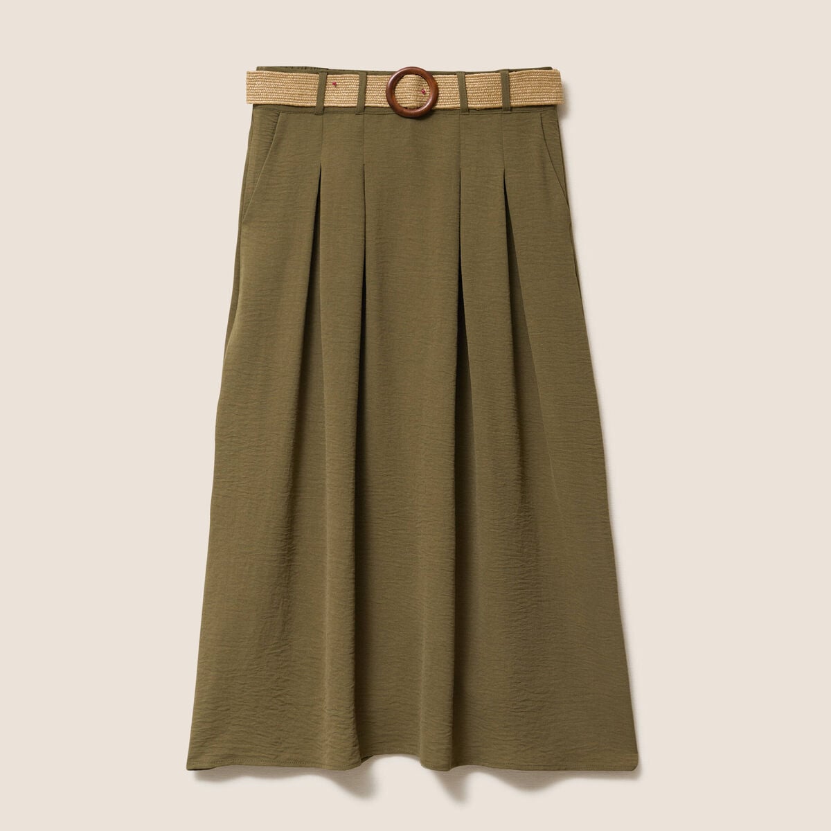 Jupe longue &eacute;vas&eacute;e ceintur&eacute;e vert kaki femme