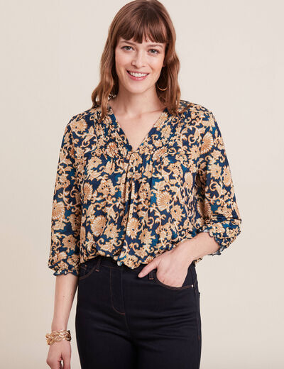 Blouse manches 3/4 col smocké bleu foncé femme