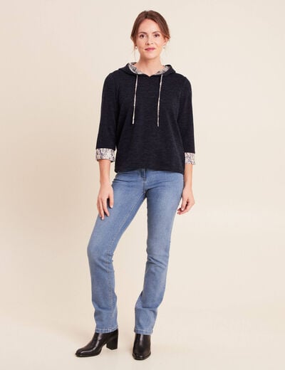 Sweat &agrave; capuche manches 3/4 bleu marine femme