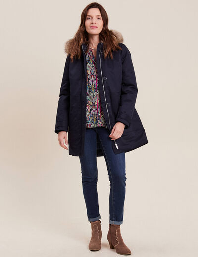 Parka cintrée capuche fourrure bleu foncé femme