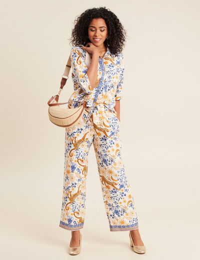 Pantalon fluide taille haute bleu femme