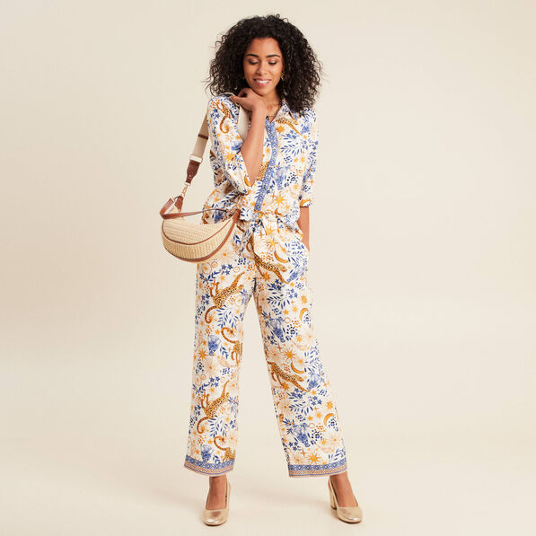 Pantalon fluide taille haute bleu femme