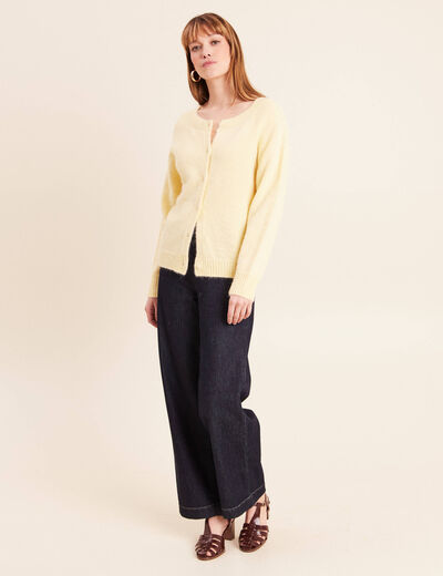 Gilet manches longues col rond jaune pastel femme