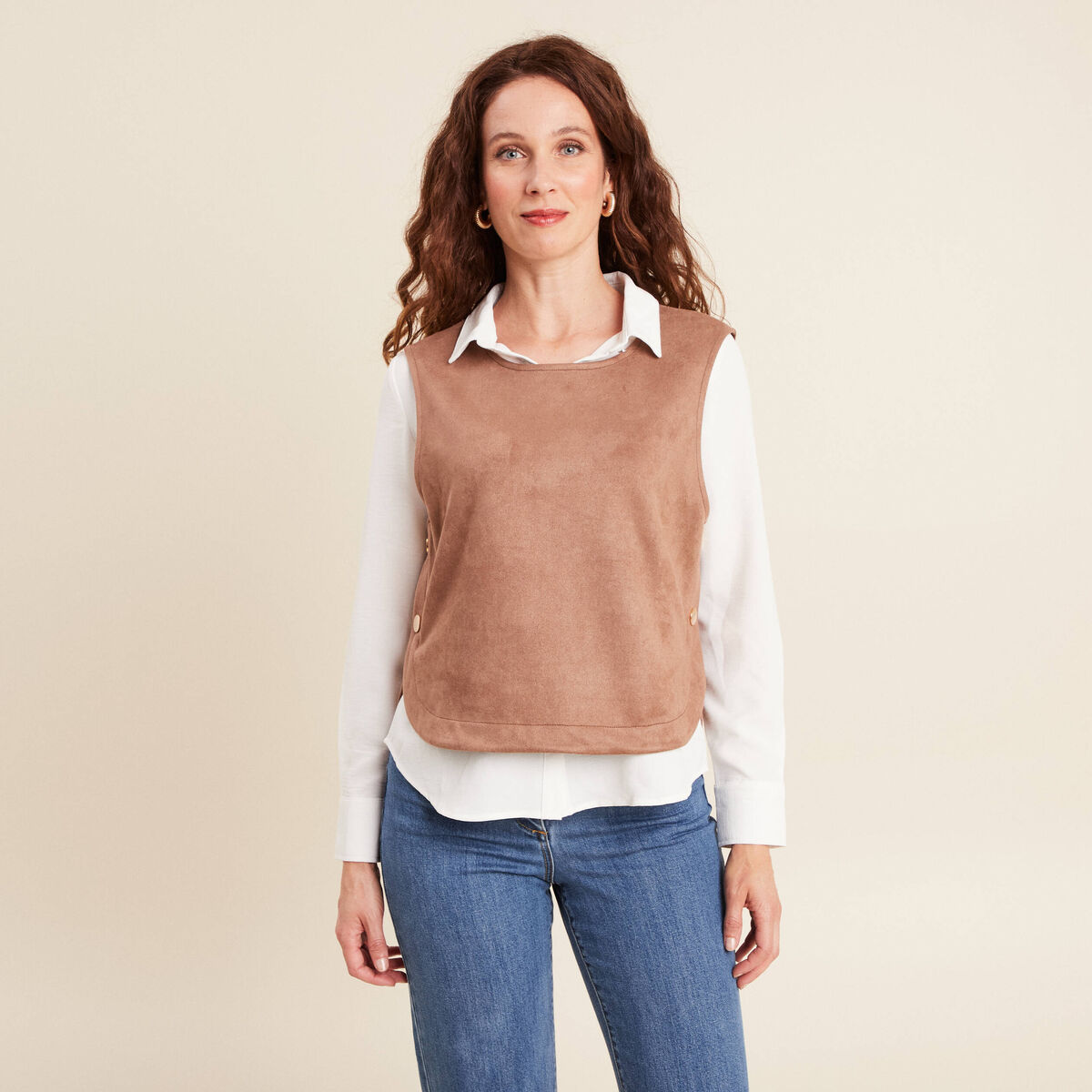 Top cintr&eacute; sans manches col rond camel femme
