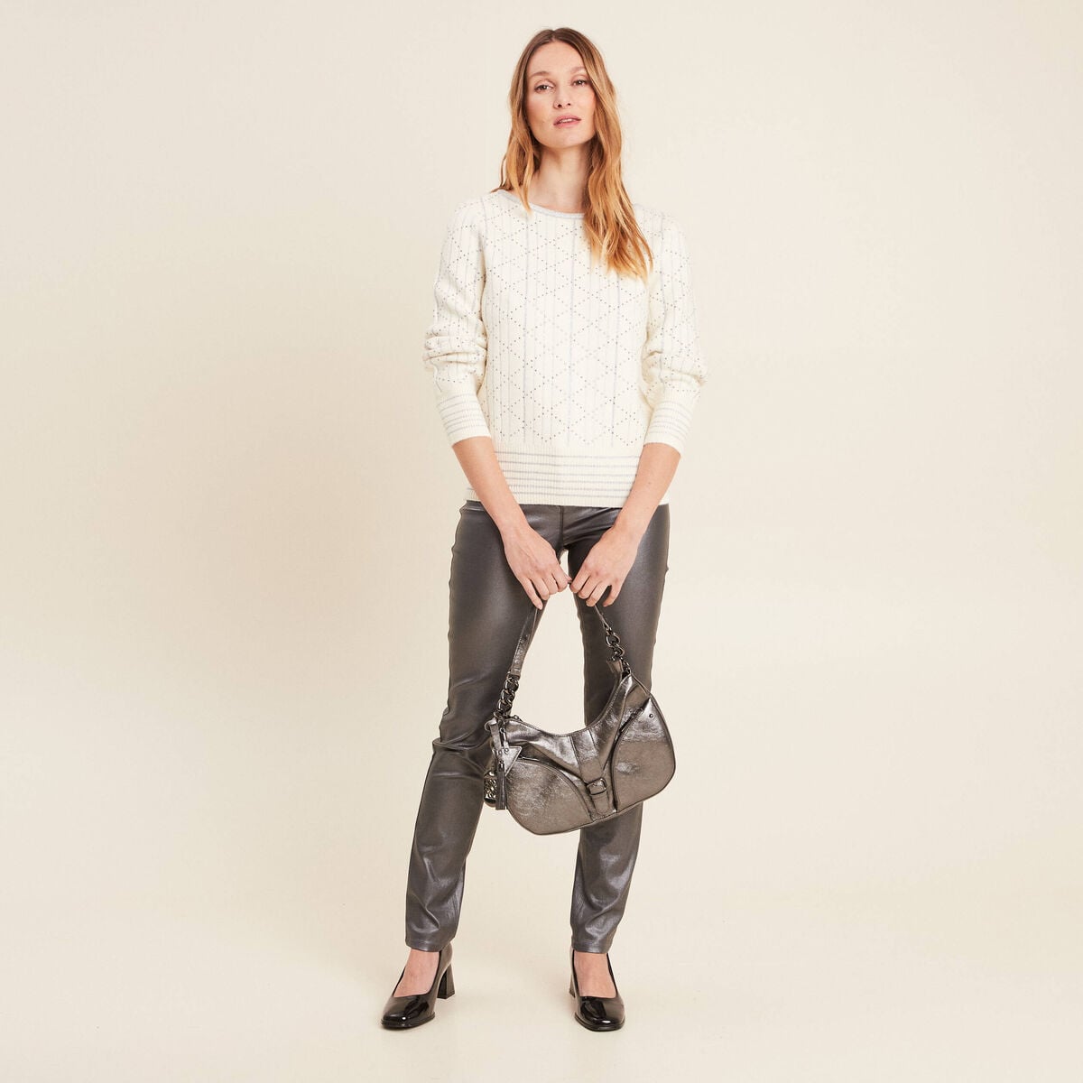 Pantalon ajust&eacute; enduit &agrave; pont couleur argent femme