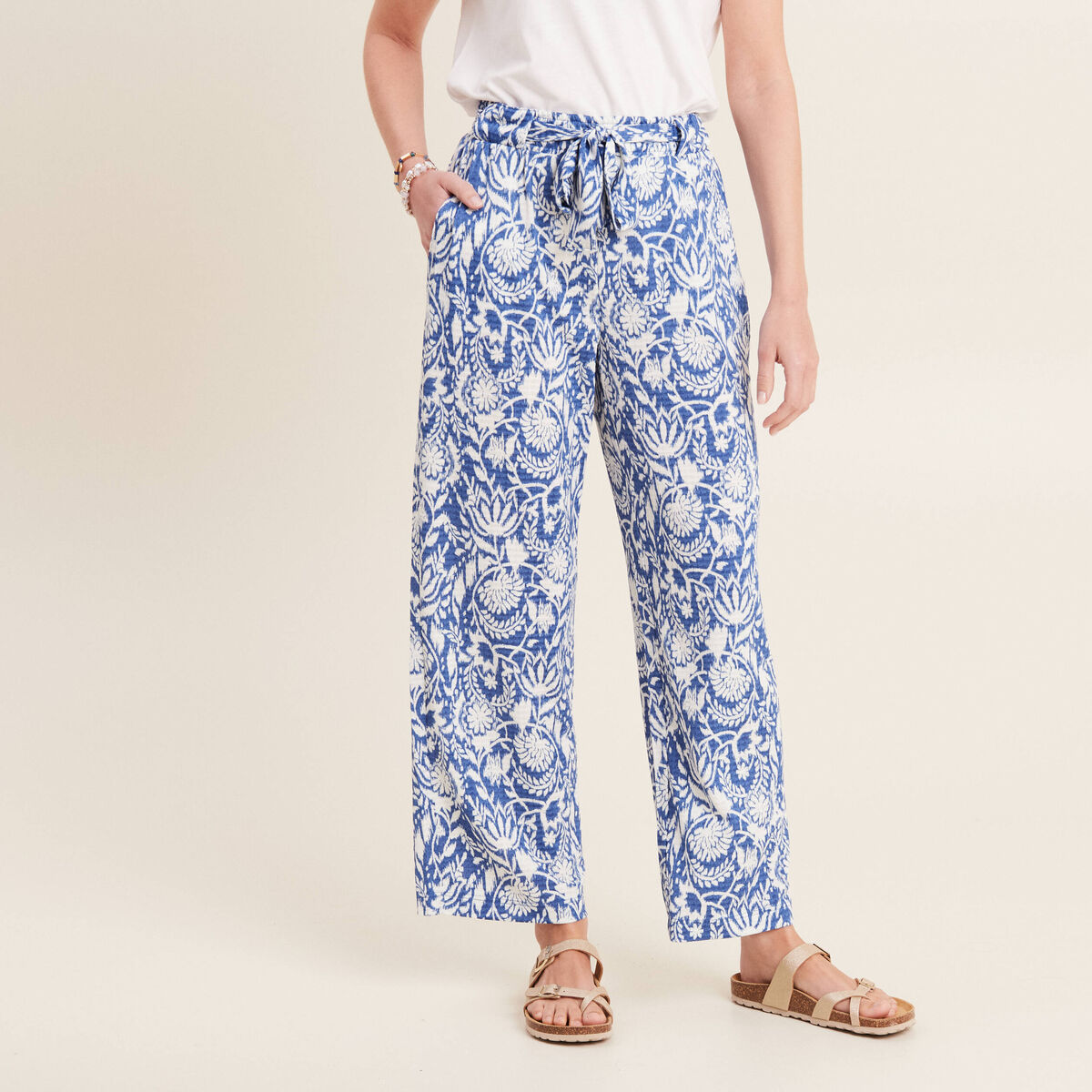 Pantalon ample taille haute bleu femme