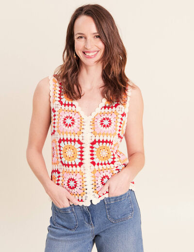 Gilet macram&eacute; col v sans manches ecru femme