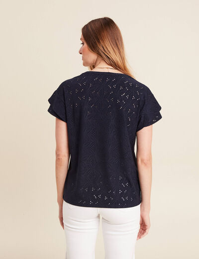 T-shirt droit col V manches courtes bleu fonc&eacute; femme