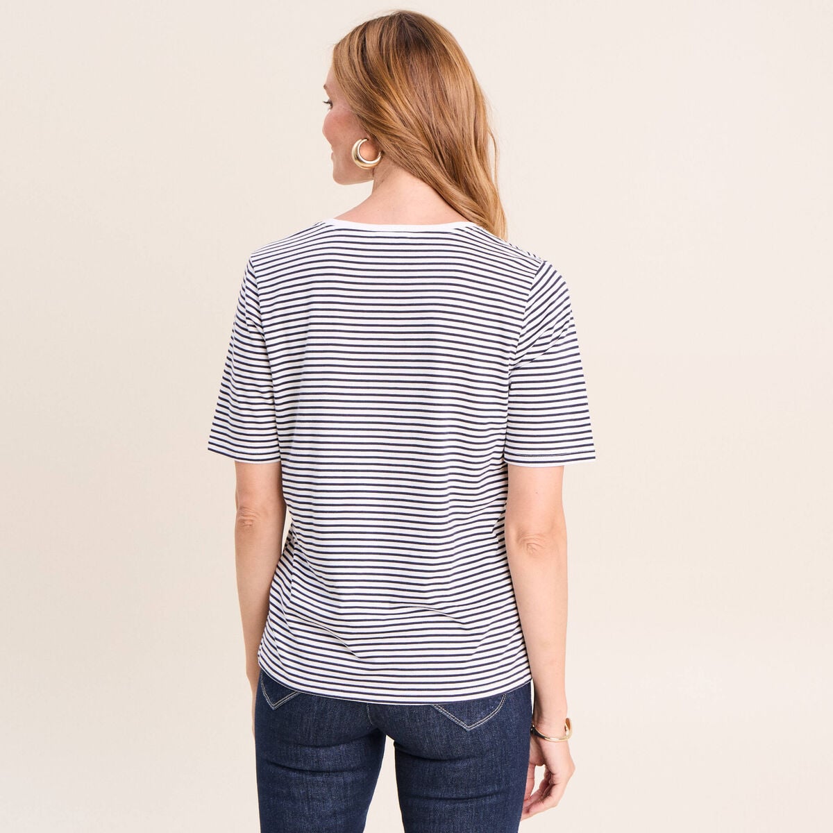 T-shirt droit broderie manches courtes bleu femme