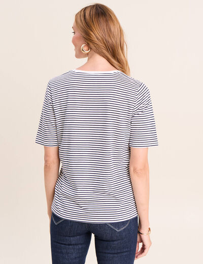 T-shirt droit broderie manches courtes bleu femme