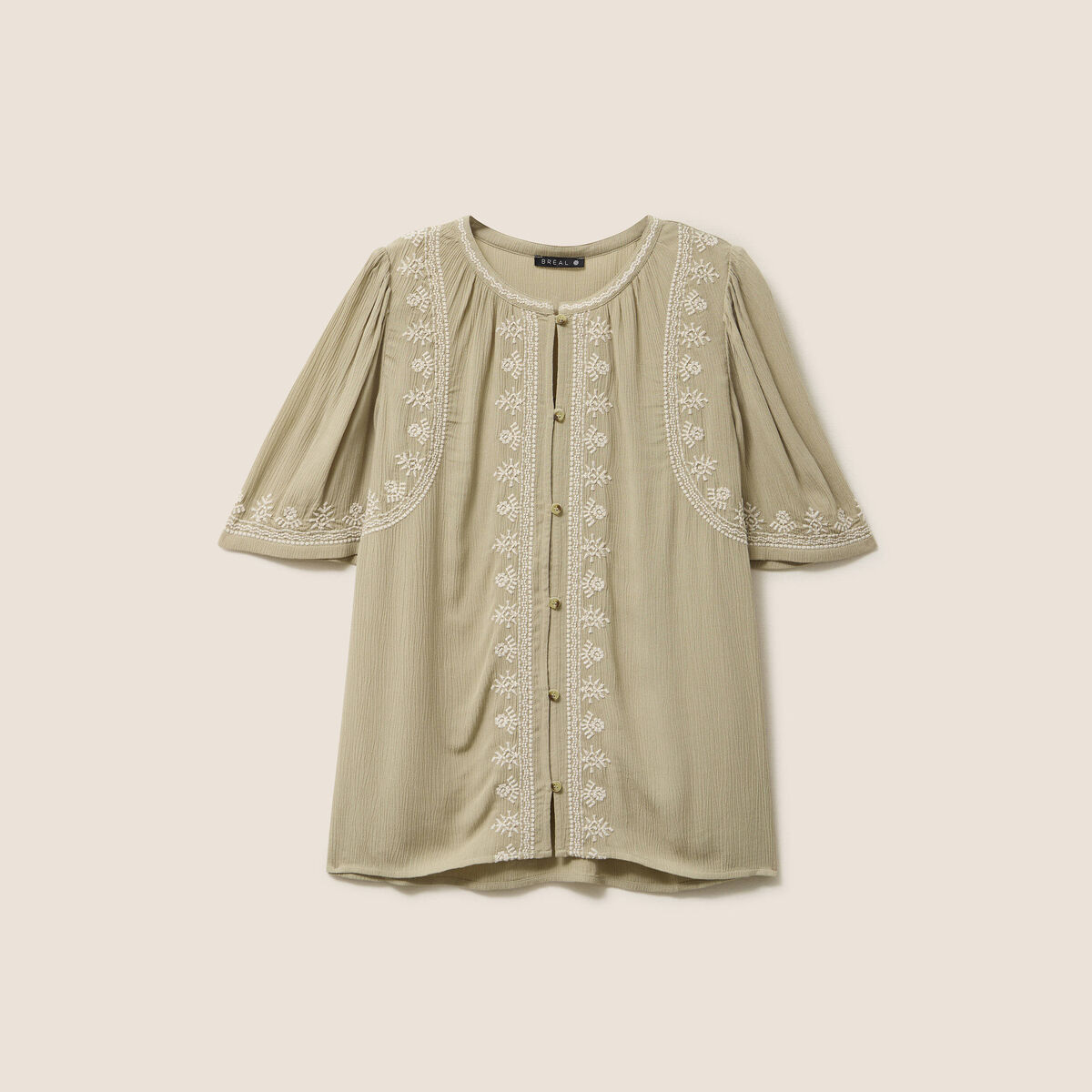 Chemise crêpe broderie col rond vert kaki femme