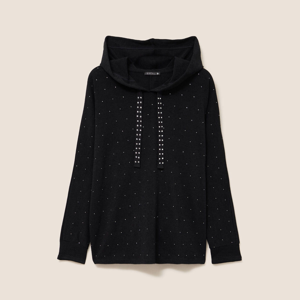 Sweat &agrave; capuche manches longues strass noir femme