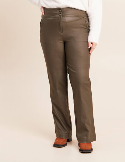 Pantalon bootcut enduit taille haute vert kaki femme