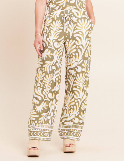 Pantalon large taille haute aspect lin vert femme