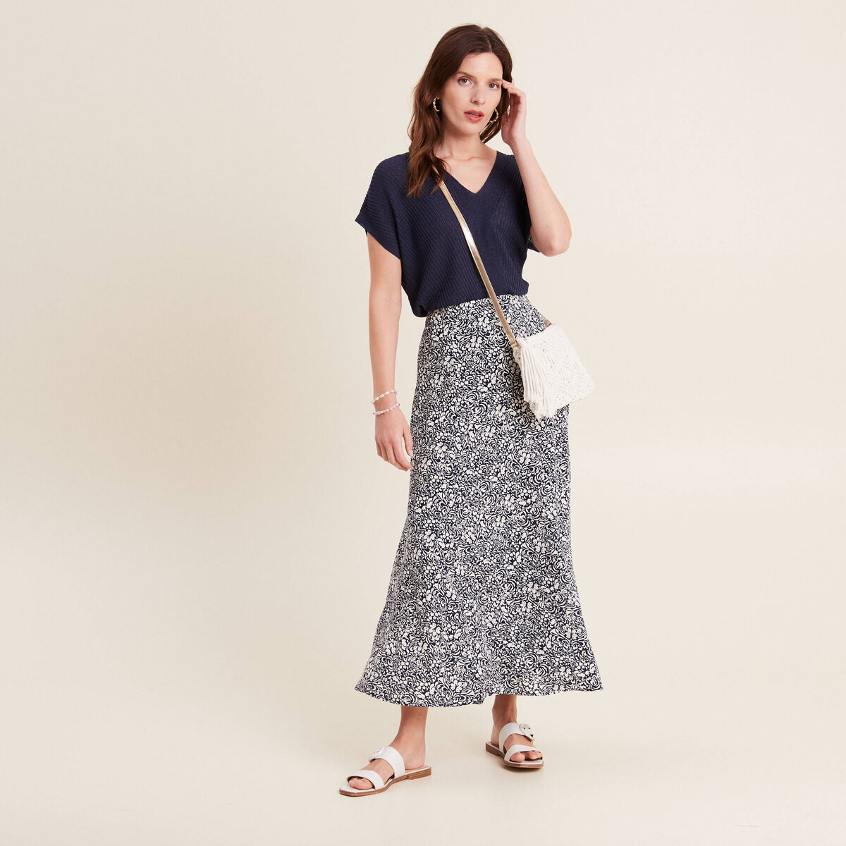 Jupe longue évasée bleu femme