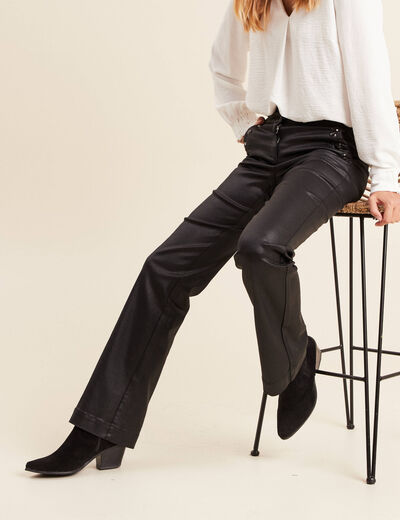 Pantalon bootcut enduit taille haute noir femme