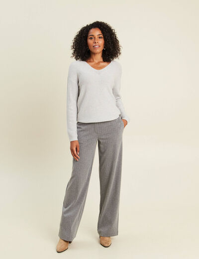 Pull col v manches longues &agrave; sequins gris clair femme