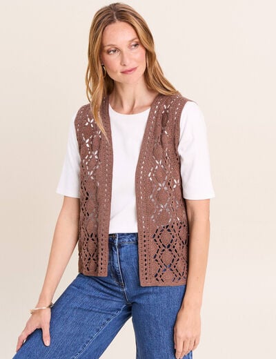 Gilet ajour&eacute; coupe droite courte marron femme