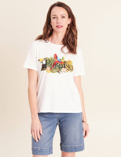 T-shirt col rond manches courtes ecru femme