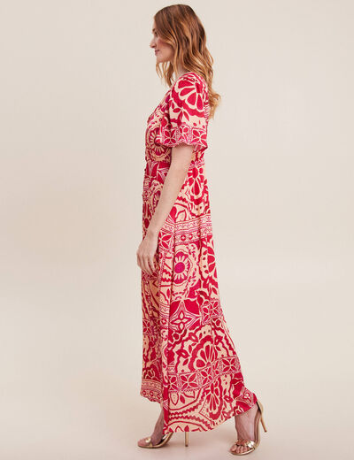 Robe longue évasée satin rose fushia femme