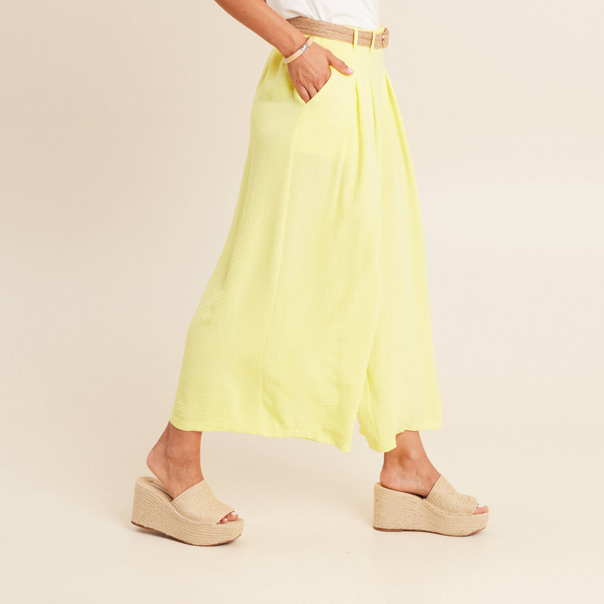 Pantalon jupe-culotte large jaune clair femme