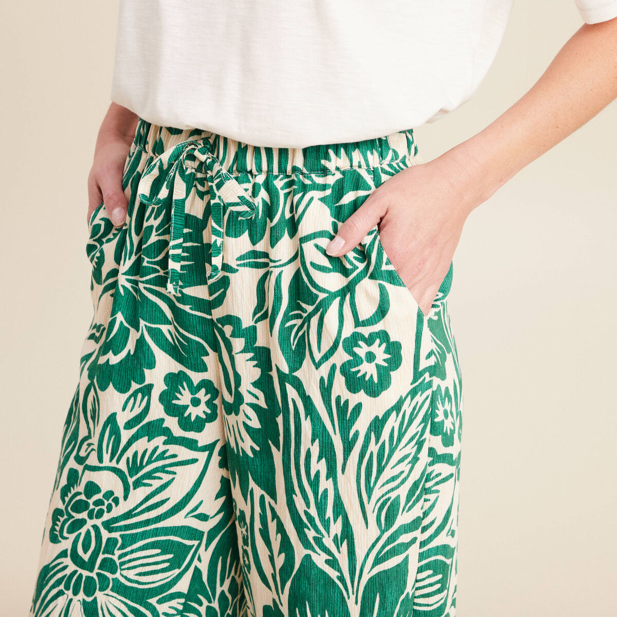 Pantalon large taille haute ecru femme