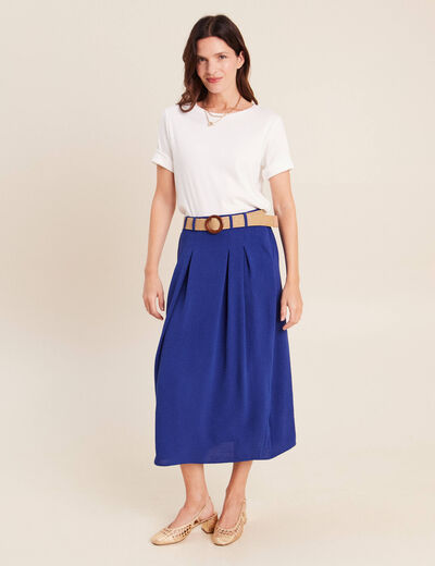 Jupe longue &eacute;vas&eacute;e ceintur&eacute;e bleu fonc&eacute; femme