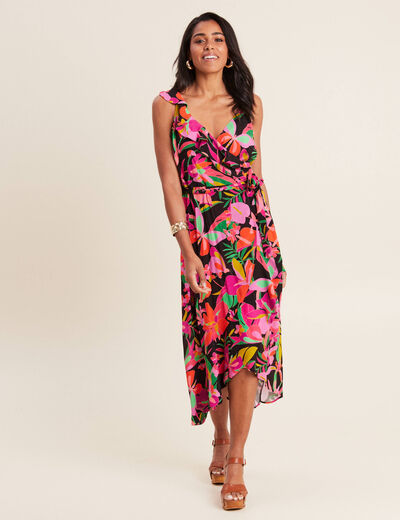 Robe longue portefeuille rose fushia femme