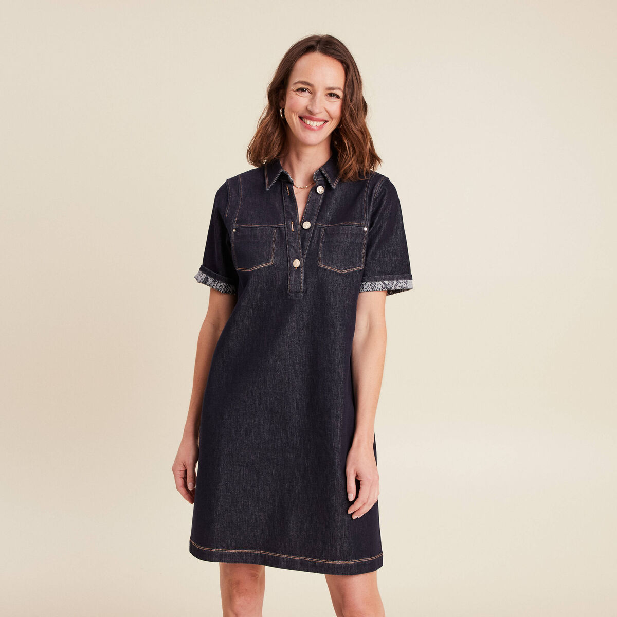 robe courte droite en jean col chemise denim brut femme