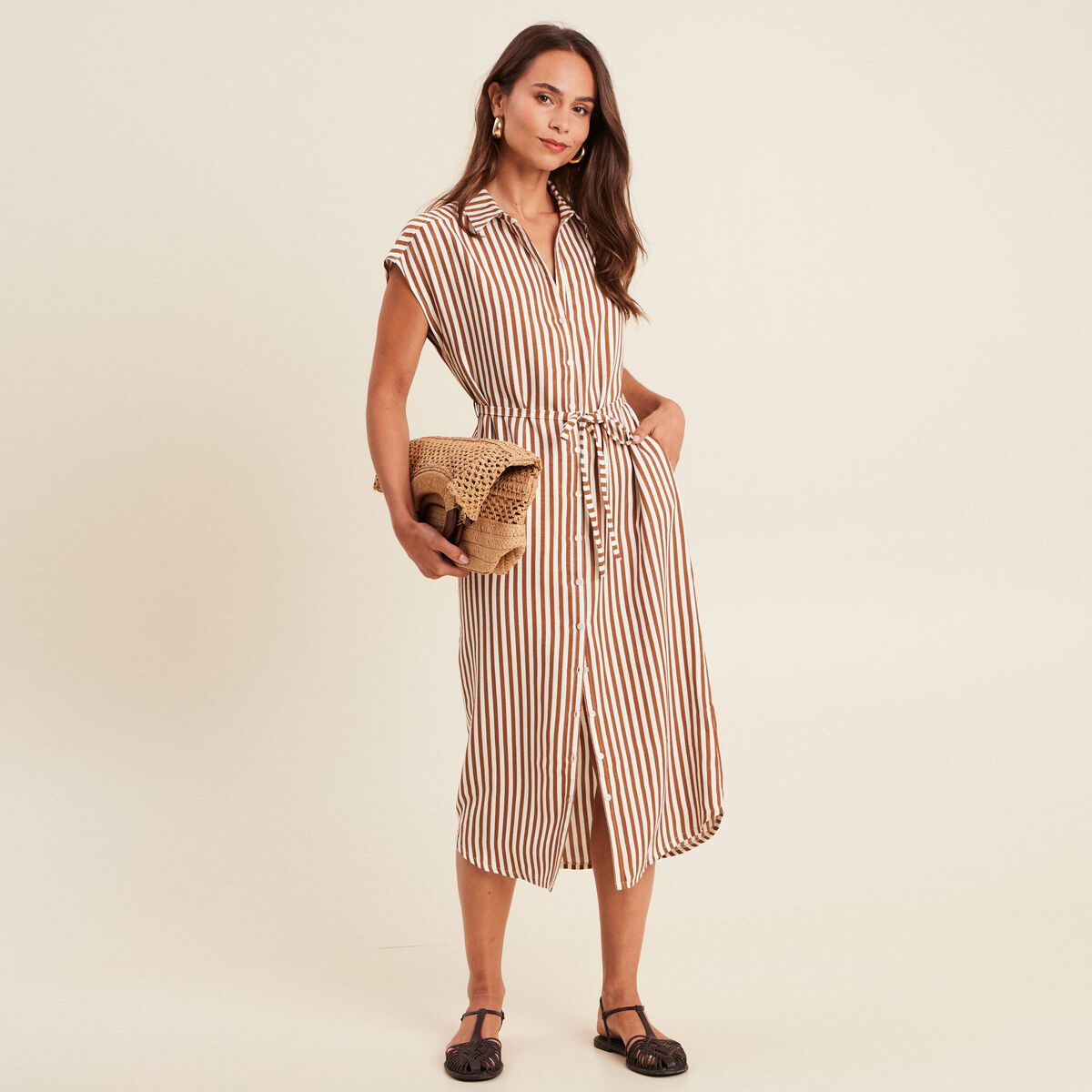 Robe droite fluide col chemise blanc femme