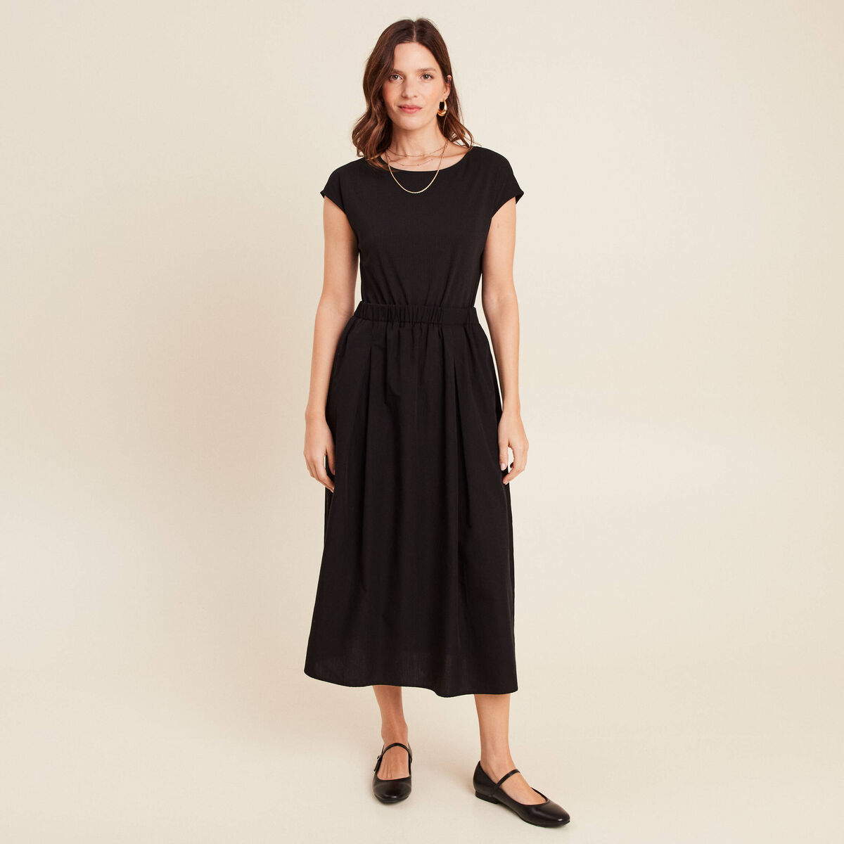 Robe longue évasée bi-matière noir femme