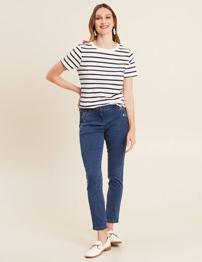 Jean ajusté 7/8ème à pont denim double stone femme