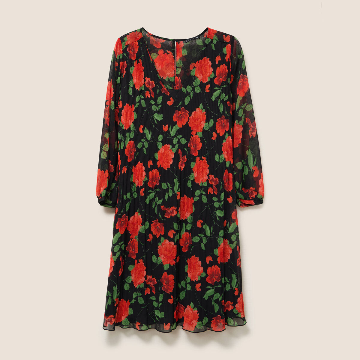 Robe courte &eacute;vas&eacute;e pliss&eacute;e manches 3/4 rouge femme