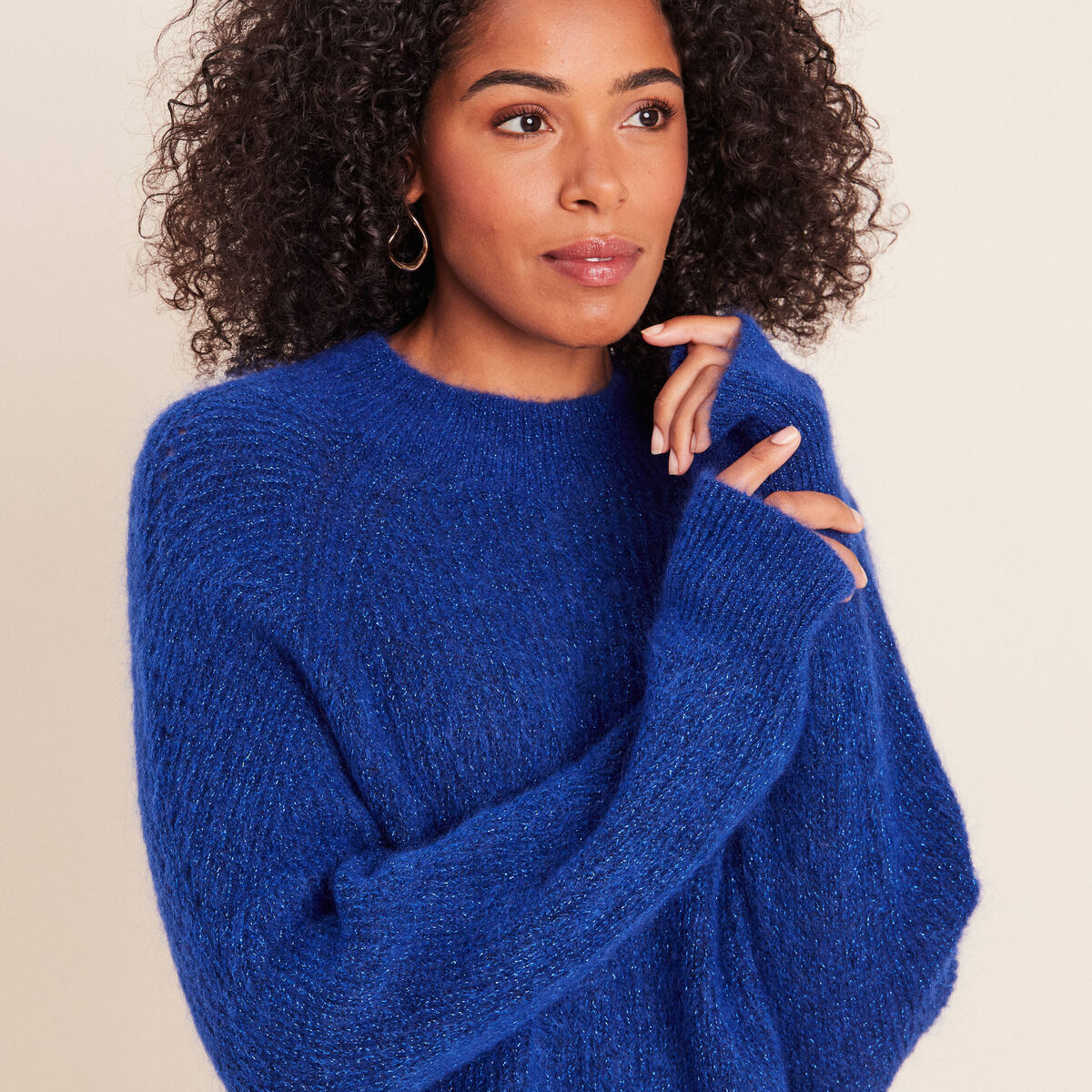 Pull droit col montant manches longues bleu electrique femme