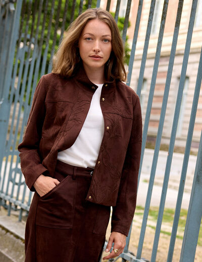 Veste col montant doubl&eacute;e marron fonc&eacute; femme