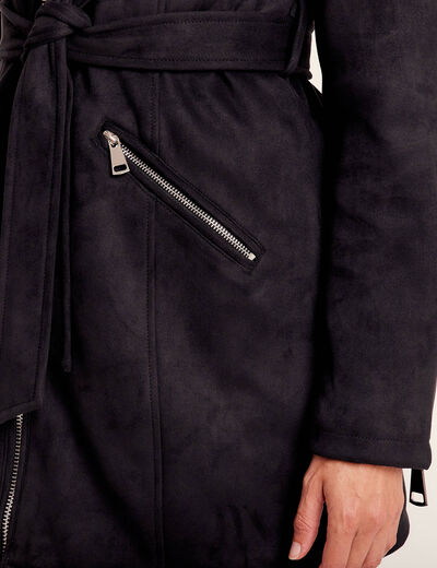 Manteau cintré suédine capuche noir femme