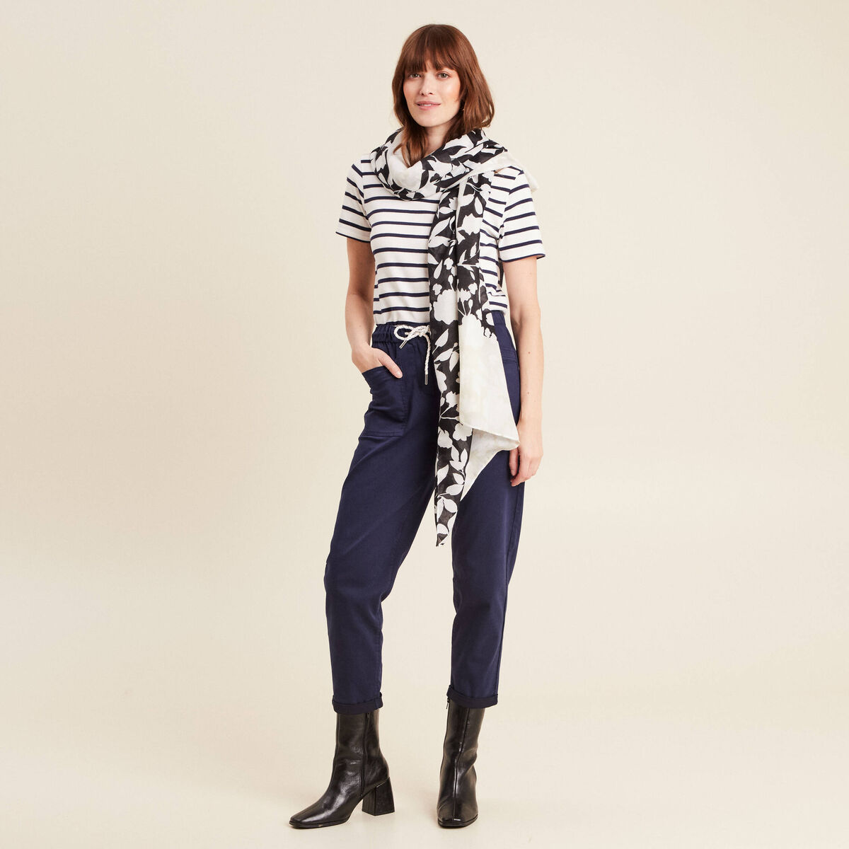 Pantalon coupe droite à coulisse bleu marine femme