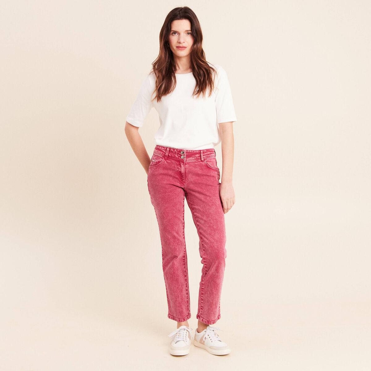 Jean coupe droite taille bascul&eacute;e rose fushia femme