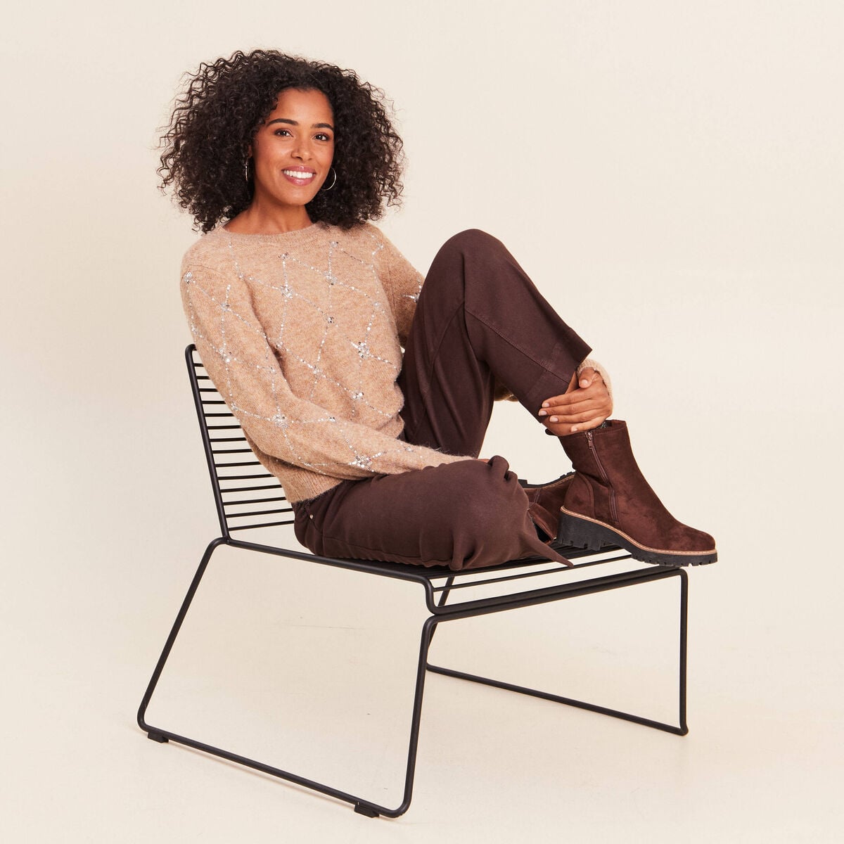 Pull col rond &agrave; sequins marron clair femme