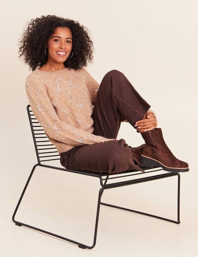 Pull col rond &agrave; sequins marron clair femme