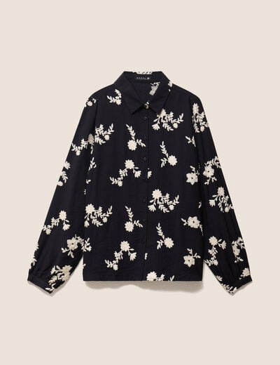 Chemise fluide brod&eacute;e manches longues noir femme