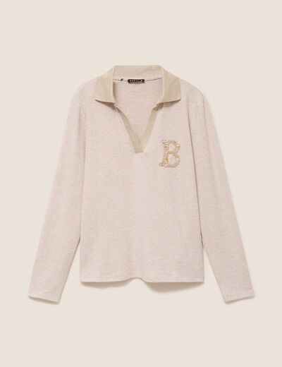Polo manches longues col chemise brod&eacute; creme femme