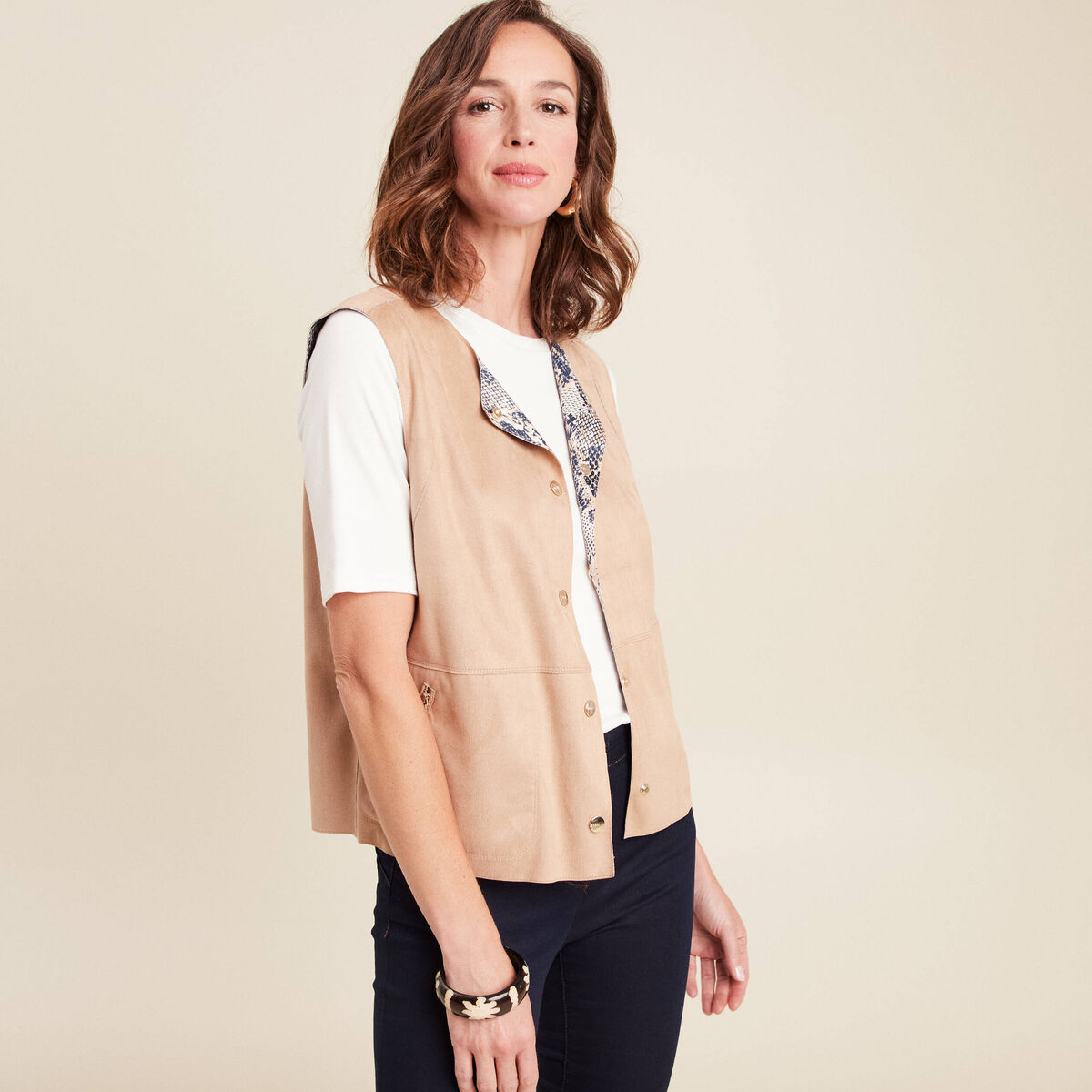 Veste r&eacute;versible cintr&eacute;e sans manches beige femme