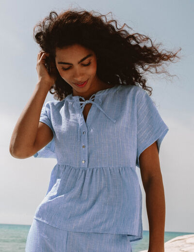 Blouse ample col v manches courtes bleu femme
