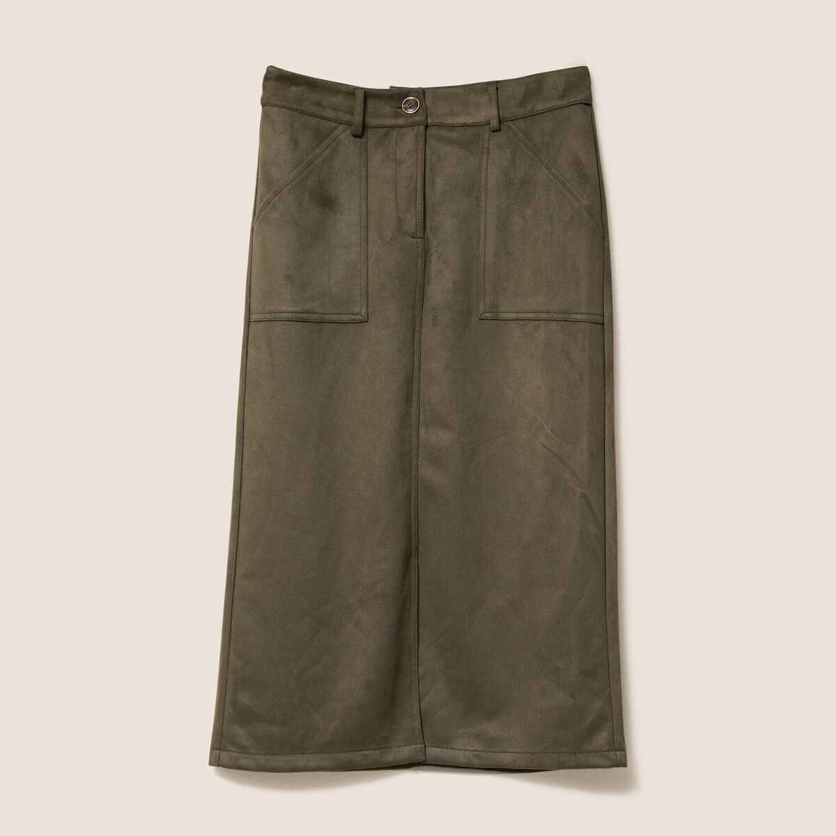 Jupe longue droite su&eacute;dine vert kaki femme