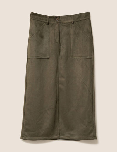 Jupe longue droite su&eacute;dine vert kaki femme