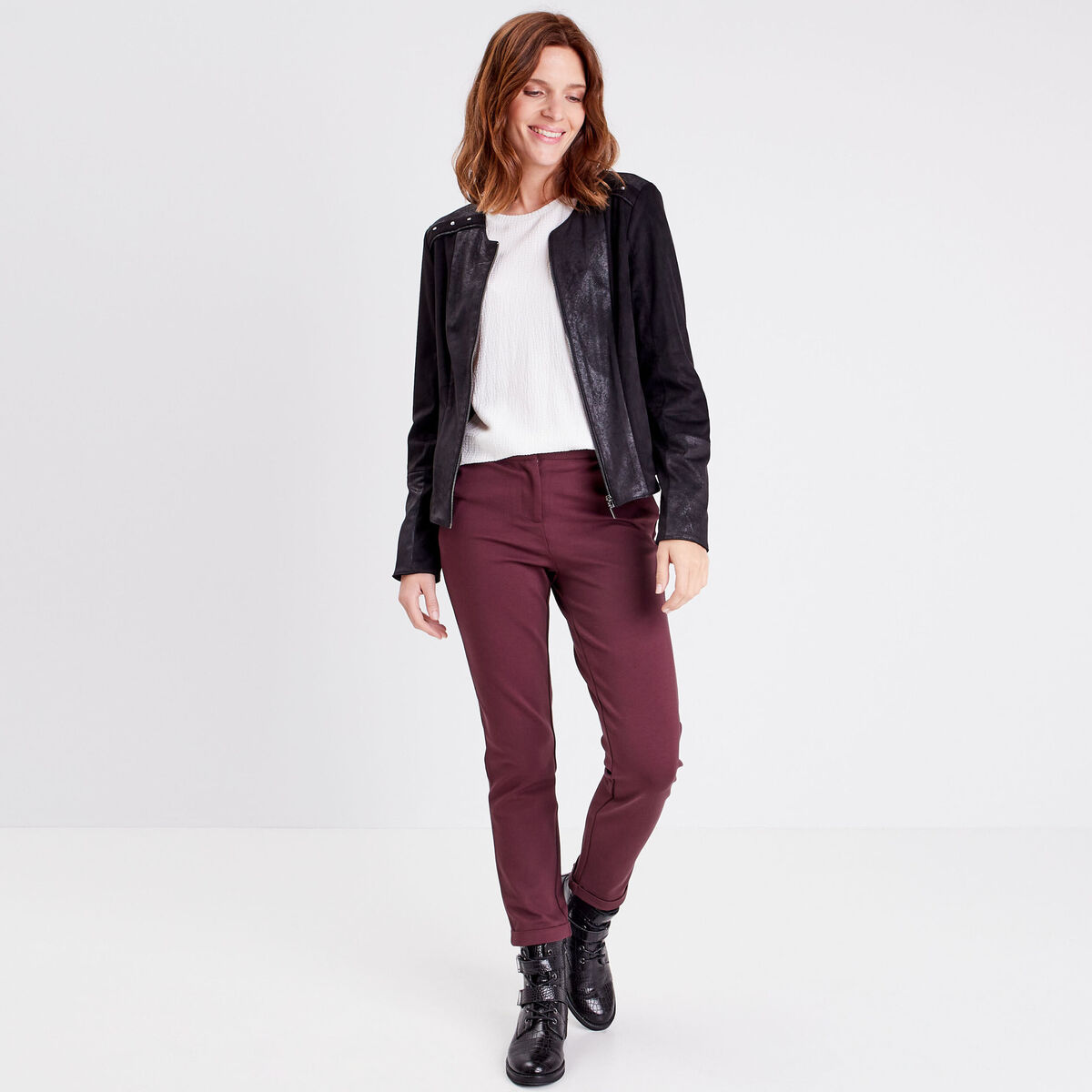 Pantalon ajusté taille basculée bordeaux femme