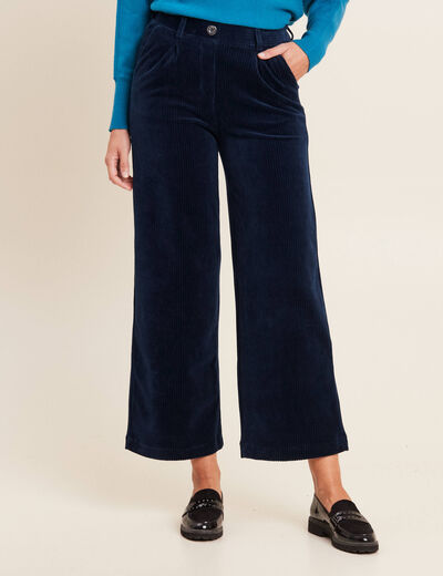 Pantalon large velours bleu marine femme